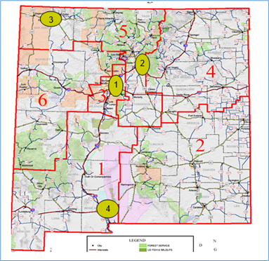 Title: New Mexico Regional and Statewide ITS Architecture Geographic Scopes - Description: Graphic shows a map of New Mexico divided up into numbered regions representing the architectures in the state - 1 for Albuquerque, 2 - Santa Fe, 3 - Northwest area of the state, 4 southern and eastern areas of the state.