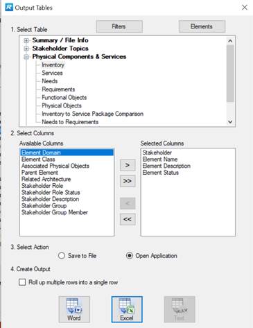 Screenshot of the Output Tables menu in RAD-IT with the Elements table highlighted and shows the selected columns as Stakeholder, Element Name, Description and Status.